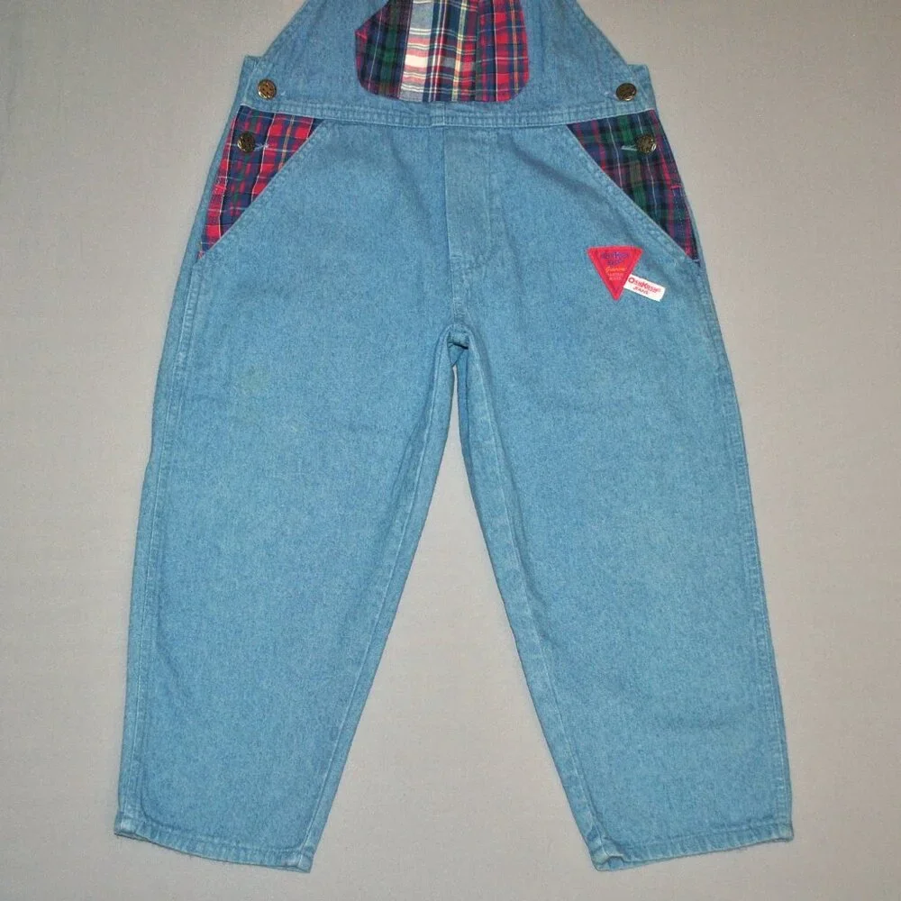 Vintage OshKosh B'gosh Girls Overalls Size 4 Blue Denim w/ Patchwork Plaid